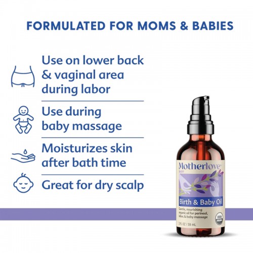 Motherlove Birth & Baby Oil 2oz | Gentle, organic, nourishing oil for perineal, labor, & baby massage| Organic Perineal Massage Oil | Baby Massage Oil | Made in USA